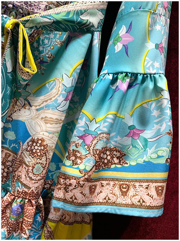 2023 Summer Greenfloral Print Belted Sukienka z długim rękawem okrągła szyjka Długość dorywtywna sukienki A3Q122240