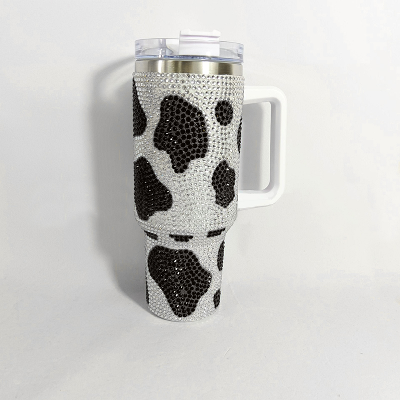 Grossist! Shiny Rhinestone 40 oz tumbler med handtag, rostfritt stål isolerat resekaffe mugg dubbel väggläckor motståndskraftig vakuumtumare med halm, ko tumlar