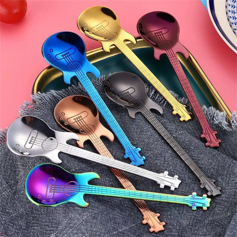 2023 New creative guitar spoon 304 stainless steel coffee spoon stirring spoons titanium ice bar music Dessert spoon JL1798