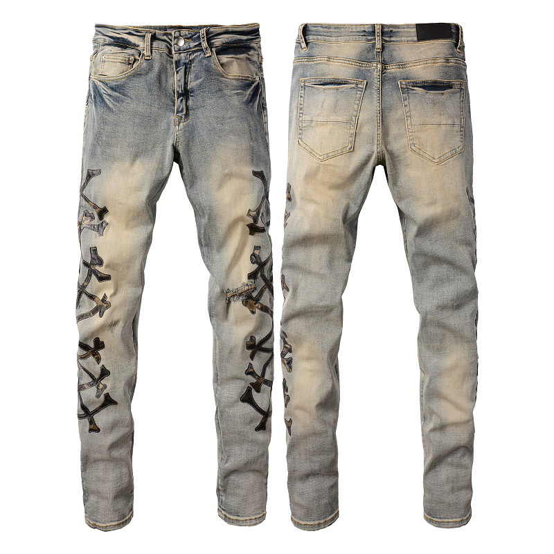 Классический дизайнер с печатной вышивкой Mens Jeans Motorcycle Hole Luxury Denim Men's Fashion Street Wear Men Designer Pants28-40