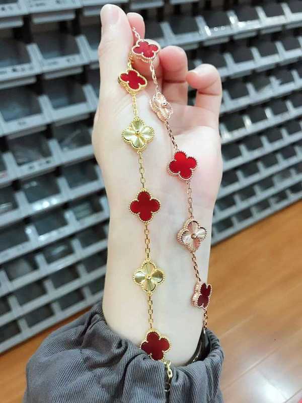 Chain Designer Jinggong Four-leaf clover Five flower Bracelet Lucky Flower Double sided V gold thick plating 18k rose red chalcedony M9X5