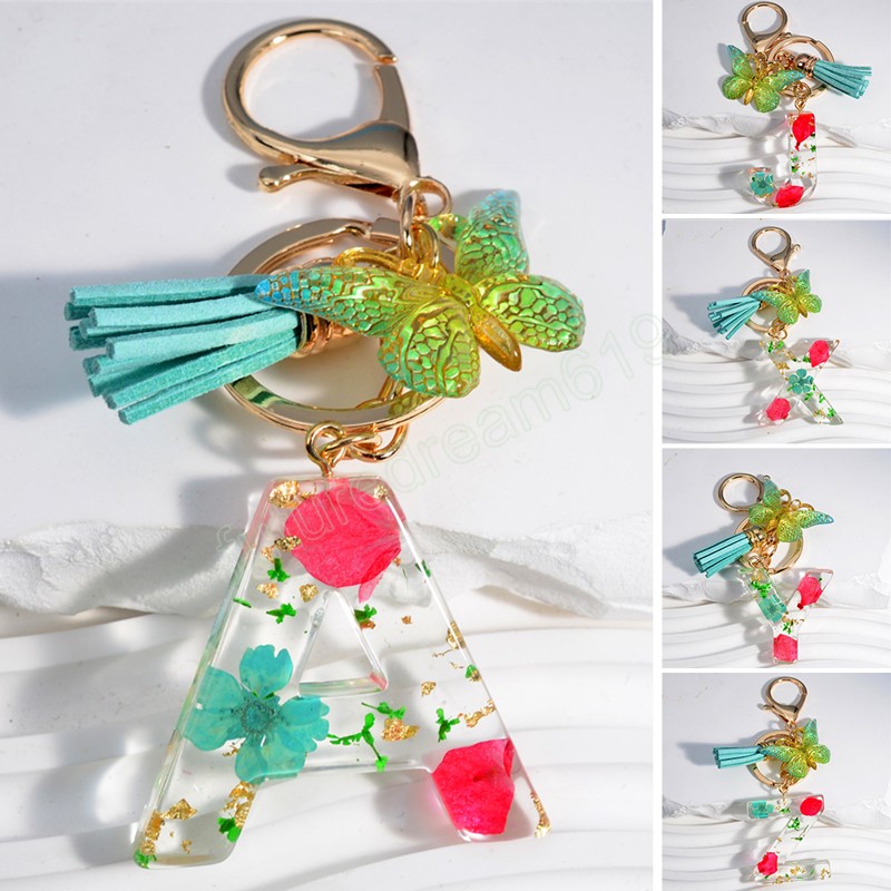 Fashion Letters A to Z Dry Flower Keychain Butterfly Tassel Pendant Keyring for Women Car Key Holder Handbag Accessories Gift