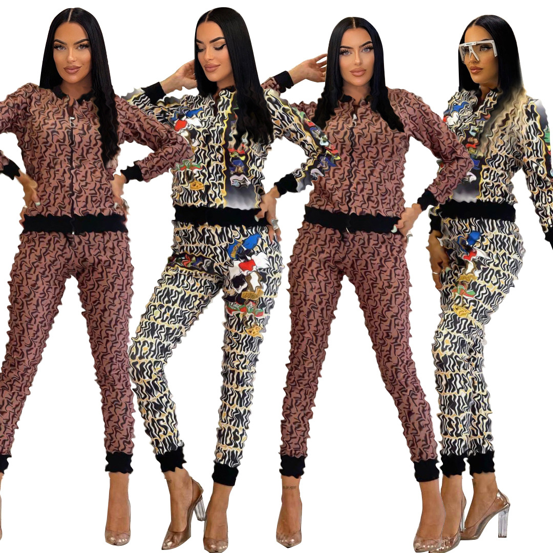 2023 Autumn Two Piece Pants Tracksuits Women Casual Print Jacket och byxuppsättningar gratis fartyg