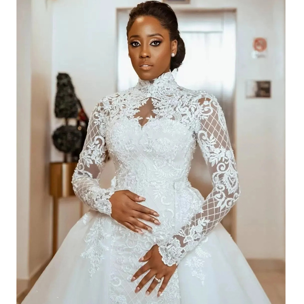 Abito da sposa a sirena taglie forti Arabo Aso Ebi Abito da sposa alto con collo alto Abiti a maniche lunghe Abiti Arabo africano Treno affascinante Abiti da sposa formali