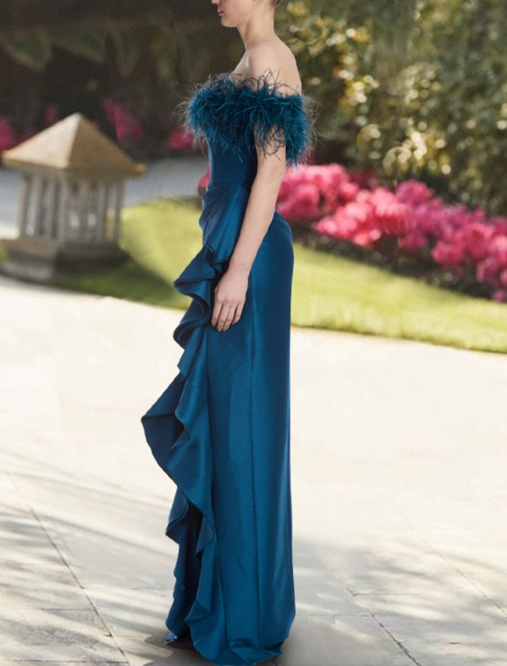 Elegante lange blauwe off-shoulder galajurken met veren zeemeermin taffeta rug robe de soiree vloer lengte formele feestjurken voor vrouwen