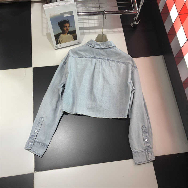 2023 Summer New Letter Burnt Flower Hem Handmade Silk Edge Design Soft Short Denim Shirt