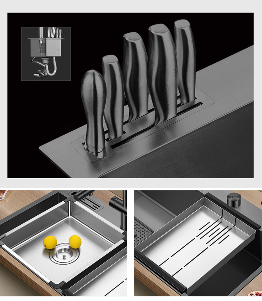 Lavello da cucina a gradini in nanometri Acciaio inossidabile 304 Spessore 4 mm Profondità 220 mm Lavello da cucina portacoltelli fatto a mano di grandi dimensioni
