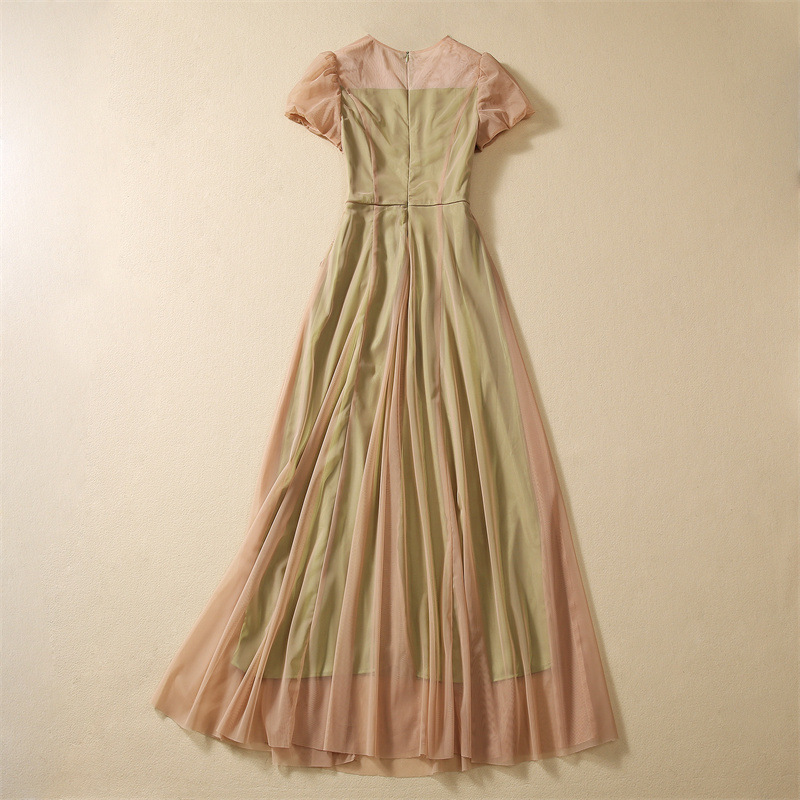 가을 녹색 꽃 자수 얇은 명주 그물 드레스 짧은 소매 둥근 목 패널 긴 맥시 캐주얼 드레스 A3Q191340