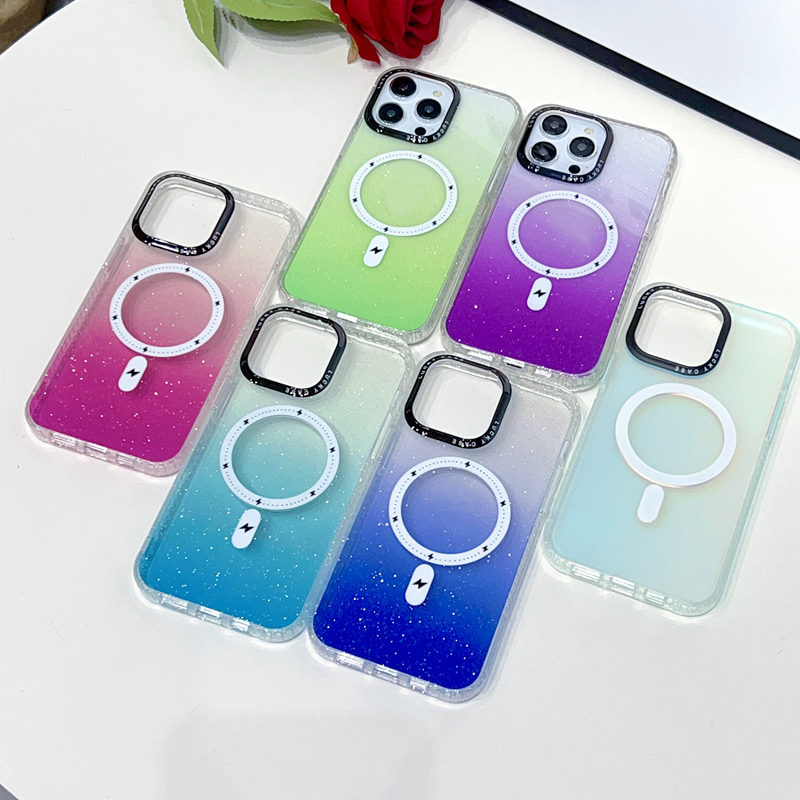 iPhone 15の磁気ワイヤレス充電ソフトTPUケースプラス14 Pro 14 Pro Max Fashion Bling Glitter Gradient Shinny Sparkleクリアマグネット電話バックカバー