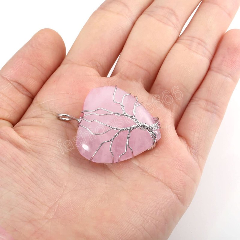 Rose Quartz Healing Crystal Necklace Silver Tree of Life Wire Wrapped Heart Shape Natural Stone Pendant For Womens Girls