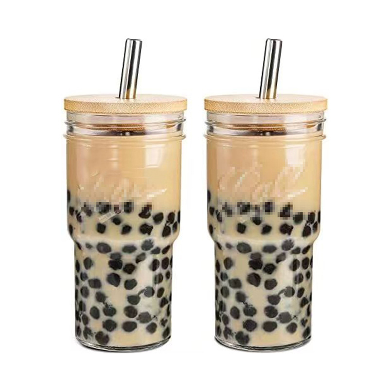 730 ml Iced Coffee Glasse Cup met Bamboe Deksel en Stro Herbruikbare Boba Cup Smoothie Tumbler Glas Bubble Tea Cup