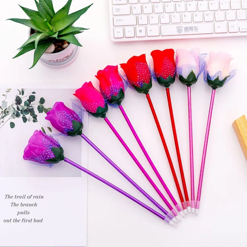 Partihandel Rose Ballpoint Pen Creative Artificial Flower Decoration Beautiful Office School Stationery Personaliserad skrivpenna för alla hjärtans dag bröllopspresent