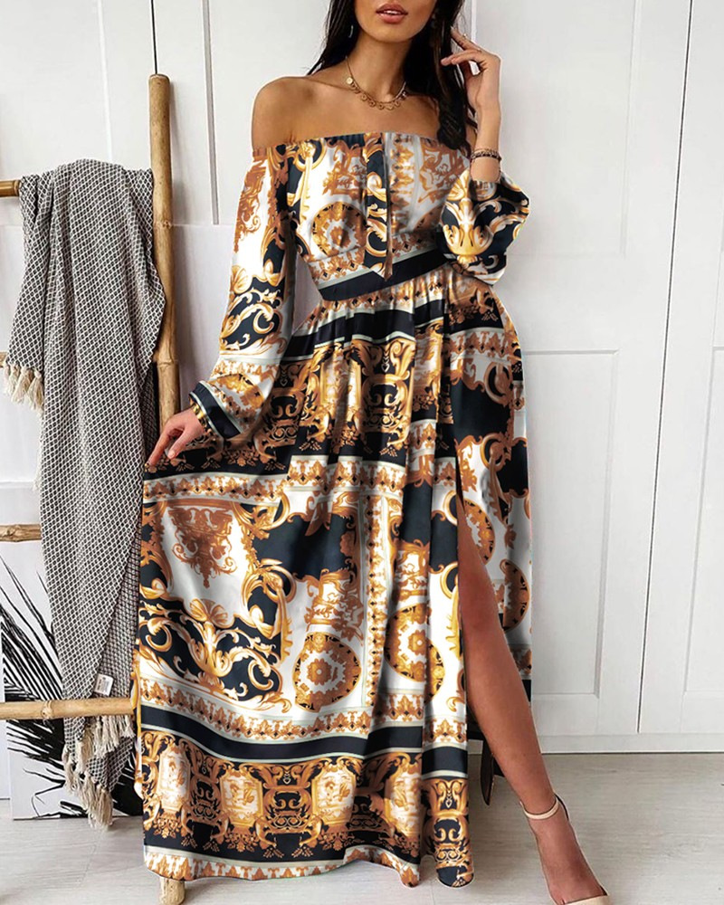 Casual Dress flokcloset Summer Bohemian Print Maxi Dress 2023 Line neck design Long sleeve party long sundress