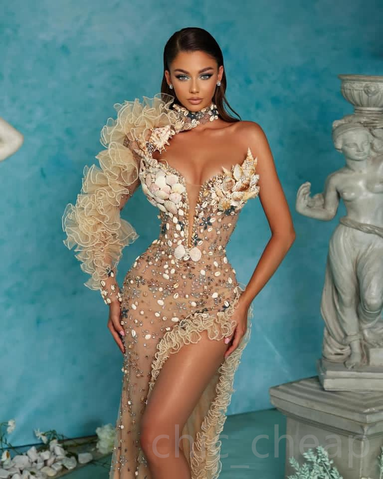 2023 April Aso Ebi Gold Sheath Prom Dress Beaded Crystals Luxurious Evening Formal Party Second Reception Birthday Engagement Gowns Dress Robe De Soiree ZJ663