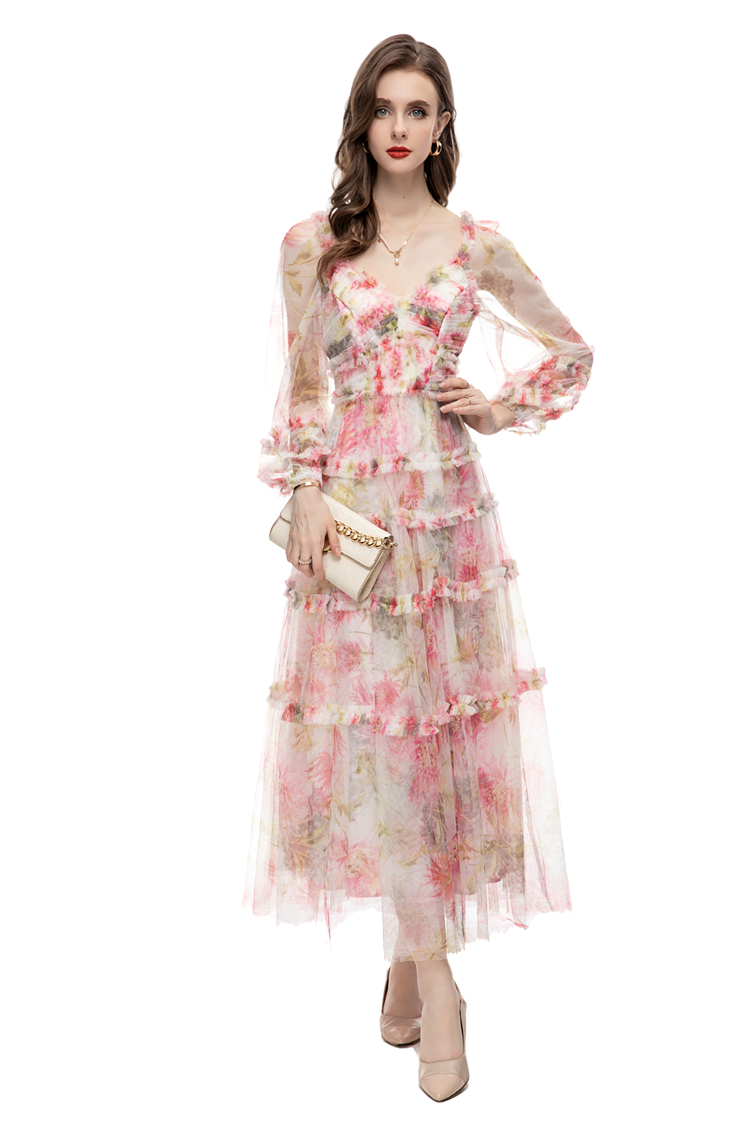 Vestidos de passarela femininos com decote em v mangas compridas floral impresso em camadas babados elegante designer casual vestidos