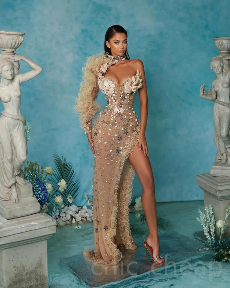 2023 April Aso Ebi Gold Sheath Prom Dress Beaded Crystals Luxurious Evening Formal Party Second Reception Birthday Engagement Gowns Dress Robe De Soiree ZJ663