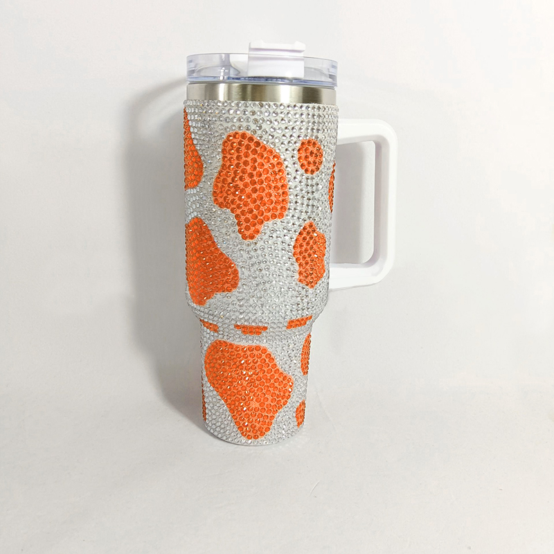 Grossist! Shiny Rhinestone 40 oz tumbler med handtag, rostfritt stål isolerat resekaffe mugg dubbel väggläckor motståndskraftig vakuumtumare med halm, ko tumlar