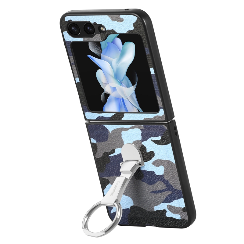 ZFLIP5 PIĘKNIOWE PIERŚCIEŃ PIERŚCIEŃ Kamuflażowe skórzane skrzynki dla Samsung Galaxy Z Flip 5 Flip5 Army Wojsko Camo Metal Kickstand Flip Hard PC plastikowy okładka Pu torebka