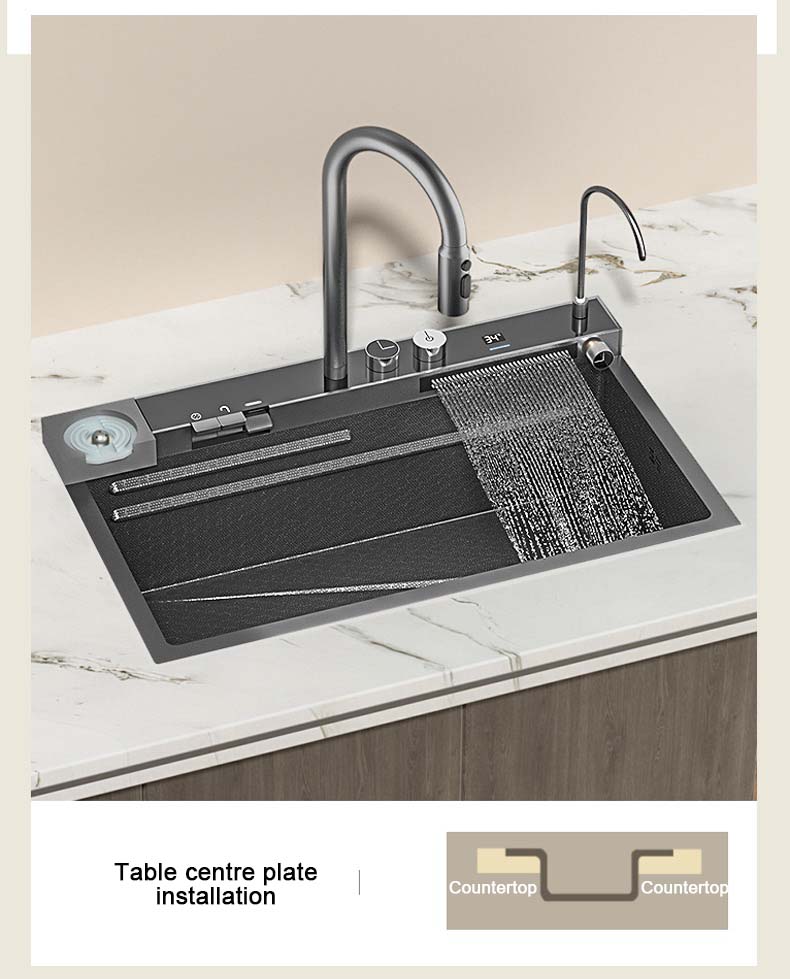 304 Stal nierdzewna Waterfall Kitchen Sink Duże pojedyncze gniazdo zintegrowane cyfrowe wyświetlacz zestawu kranu mydlania miseczka miseczka kubka