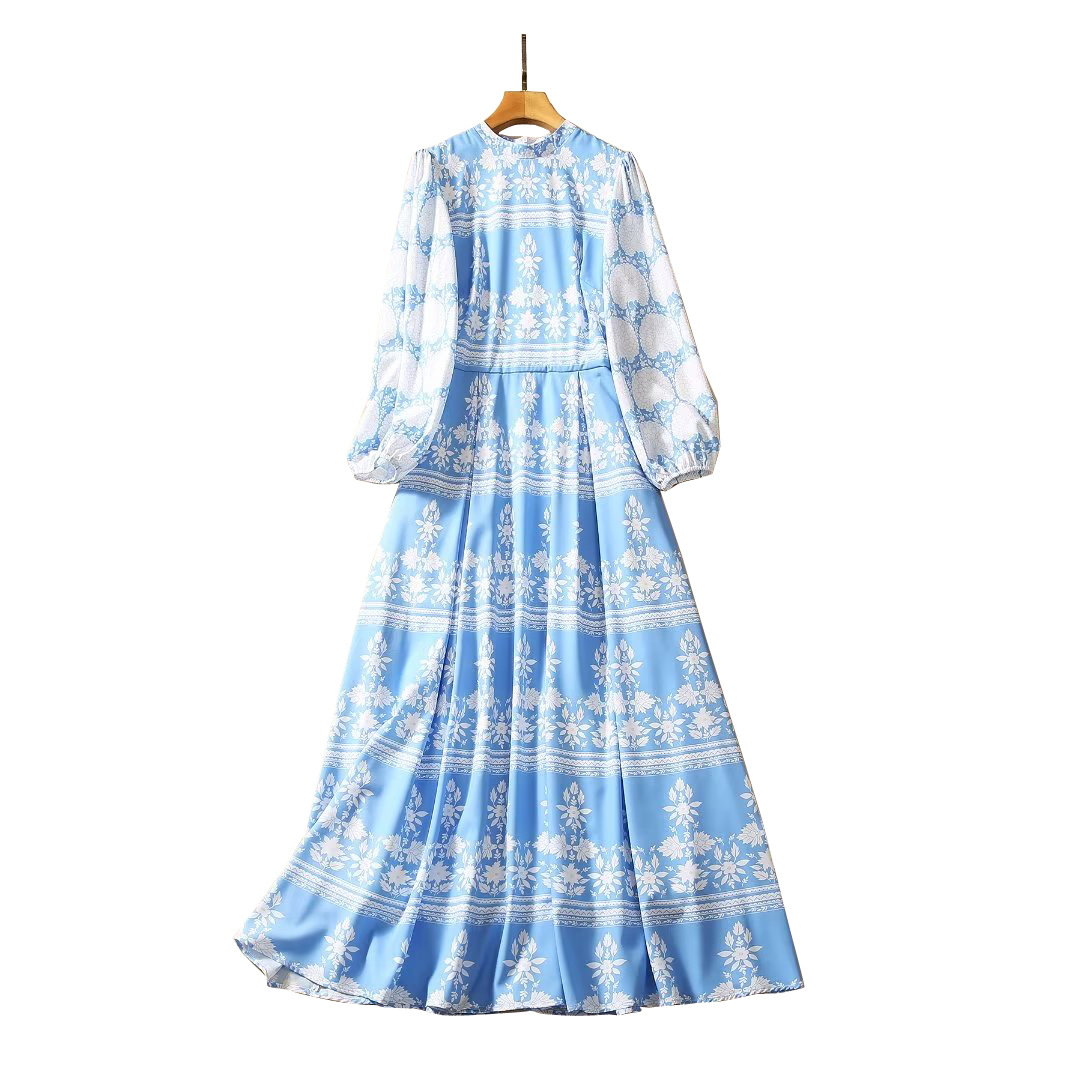 2023 Autumn Blue Paisley Drukujka Sukienka Lantern Sleeve 4/5 Rękaw okrągła szyja midi sukienki A3Q191340 plus size xxl