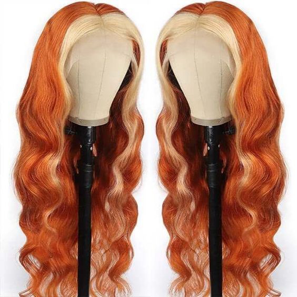 Ginger Orange Body Wave Wig with 613 Blonde Stripe Lace Wig 13x4 Lace Frontal Human Hair Long Wavy Wigs for Women Brazilian Remy