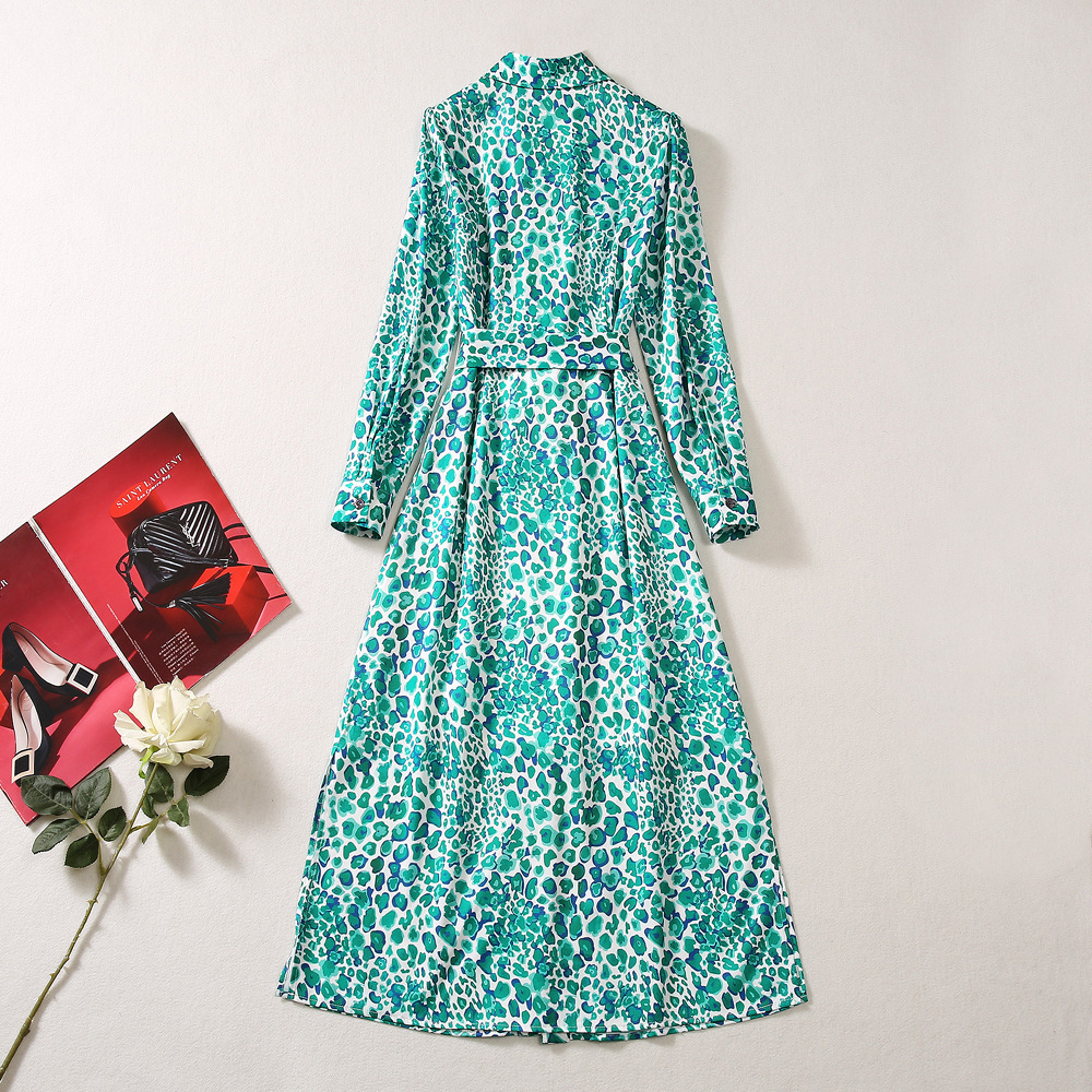 Autumn Green Floral Print Belted Shirt Dress Long Sleeve Lapel Neck Buttons Single-Breasted Casual Dresses A3Q191340 Plus Size XXL