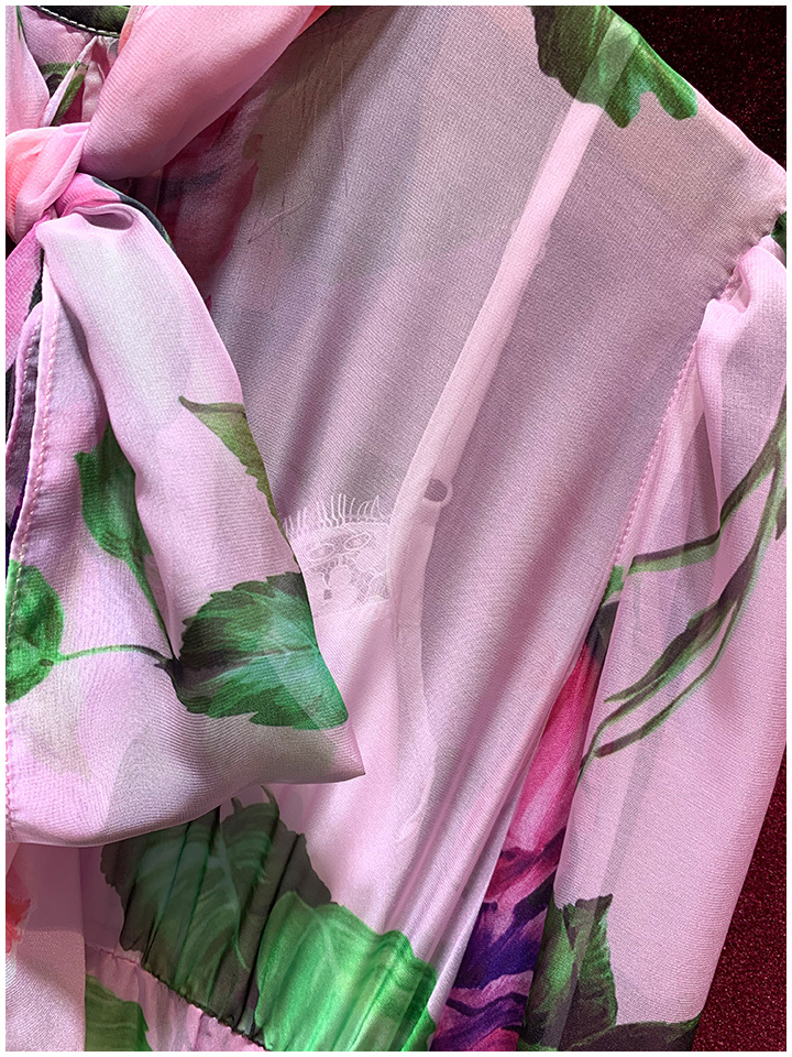 2023 Summer Pink Floral Print Waist Belted Dress Long Sleeve Round Neck Long Maxi Casual Dresses A3Q122246