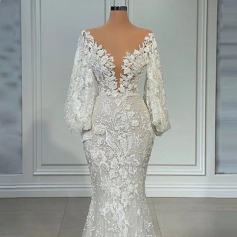 Long Sleeve Mermaid Wedding Dresses 2023 Sheer Neck Full Lace Floral Beaded African Trumpet Fishtail Beach Aso Ebi Bridal Gowns