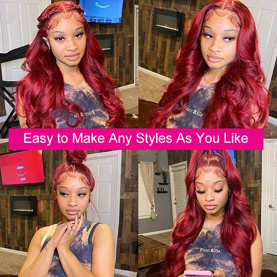 250% Body Wave Wig Burgundy Lace Front Wig Brazilian Remy 13x4 Glueless 99J Red Burgundy Lace Front Human Hair Wigs for Women