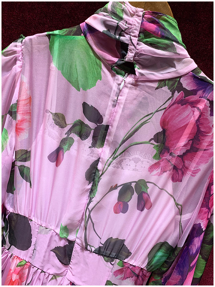 2023 Zomer Roze Bloemenprint Taille Gordel Jurk Lange Mouwen Ronde Hals Lange Maxi Casual Jurken A3Q122246