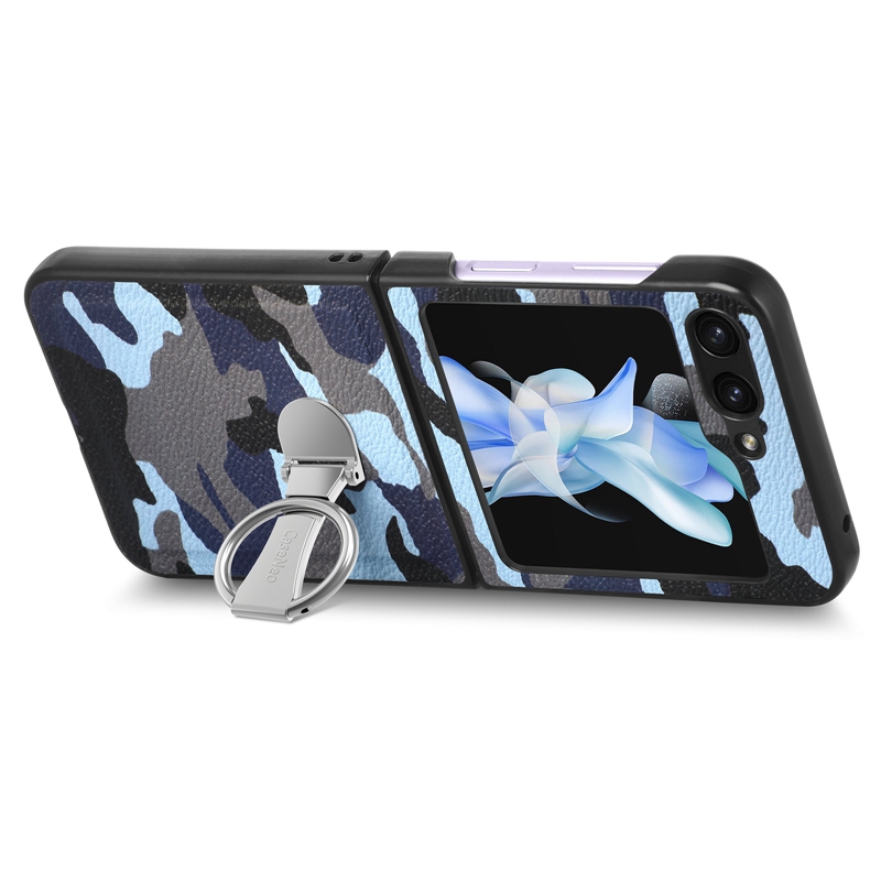 ZFLIP5 PIĘKNIOWE PIERŚCIEŃ PIERŚCIEŃ Kamuflażowe skórzane skrzynki dla Samsung Galaxy Z Flip 5 Flip5 Army Wojsko Camo Metal Kickstand Flip Hard PC plastikowy okładka Pu torebka