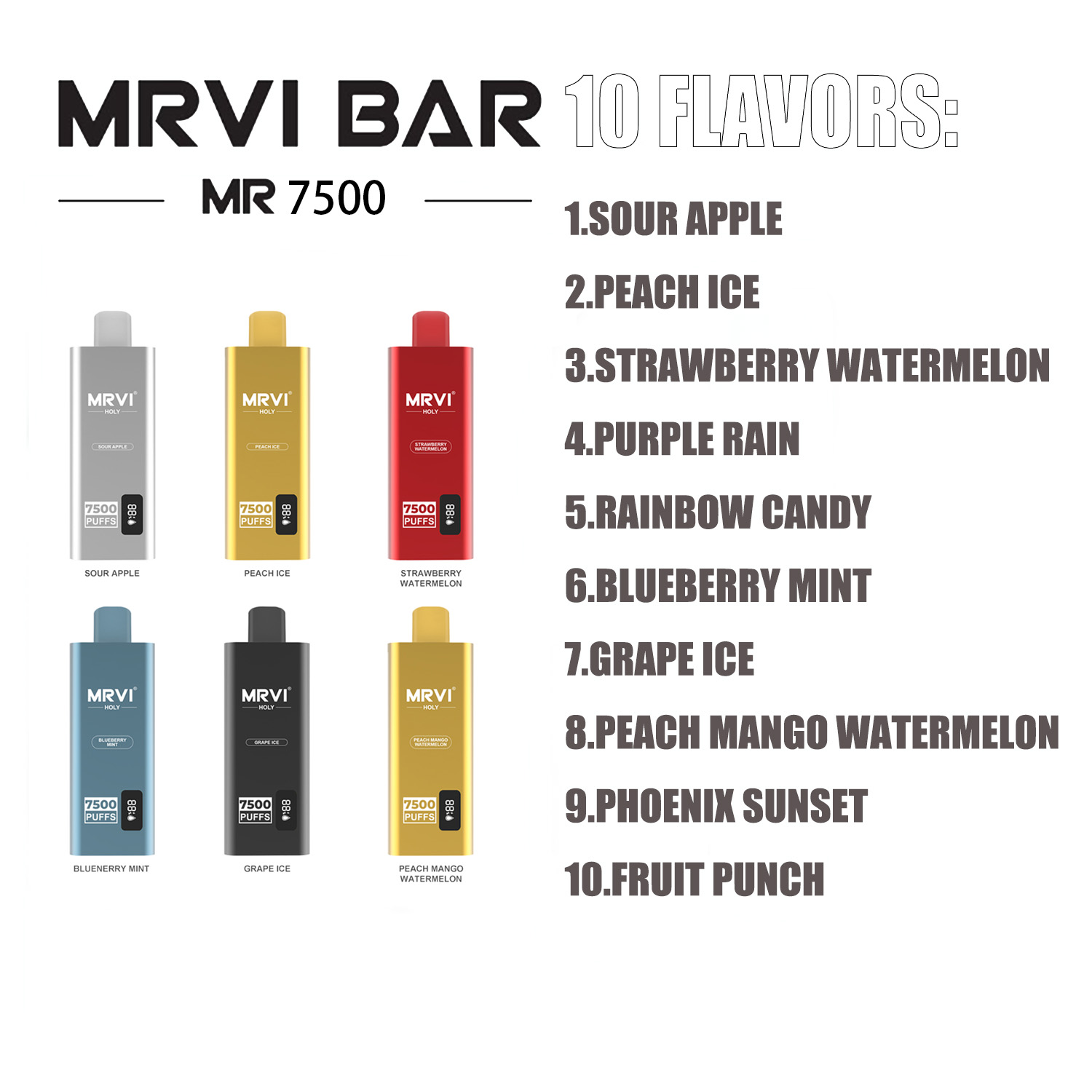 Original MRVI HOLY 7500 bouffées de cigarettes électroniques jetables Vape Mesh Coil 600mAh Batterie 0% 2% 3% 5% Cigs électroniques rechargeables sans fuite 9k Puff énorme