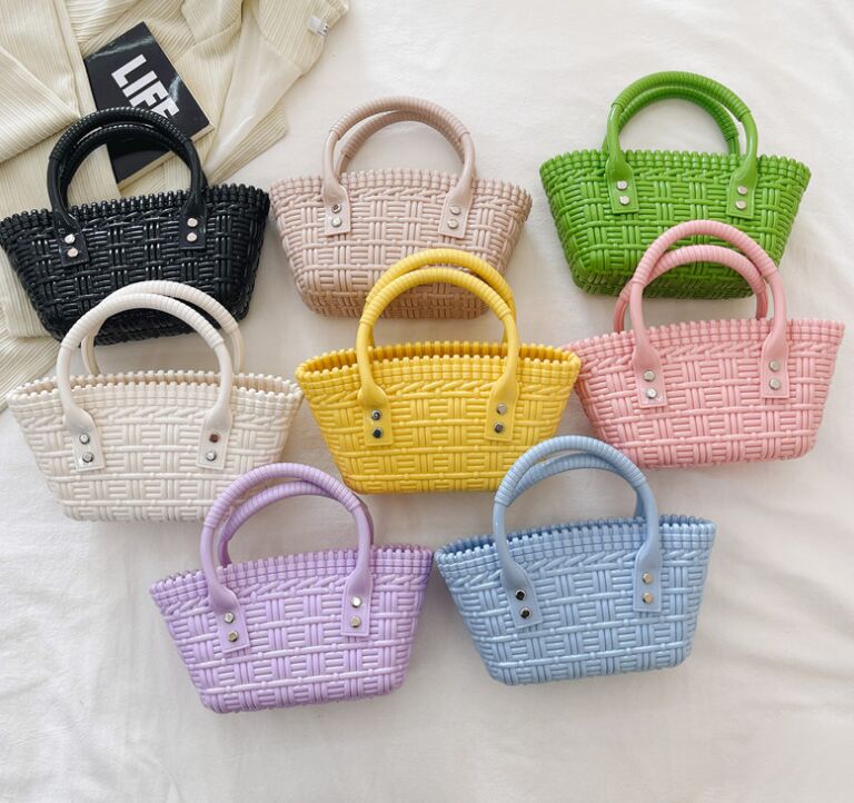 Fashion girls totes children jelly bags mini woven crossbody handbag beach shoulder bag