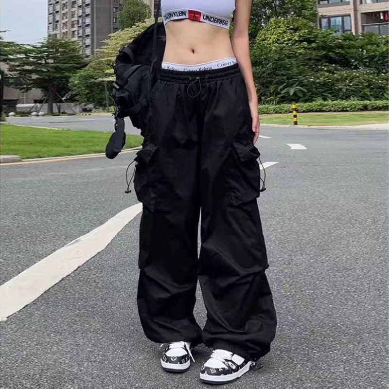 Summer Parachute Black Pants Kobiety Hippie Streetwear Ogabani rozmiar Kieszenie