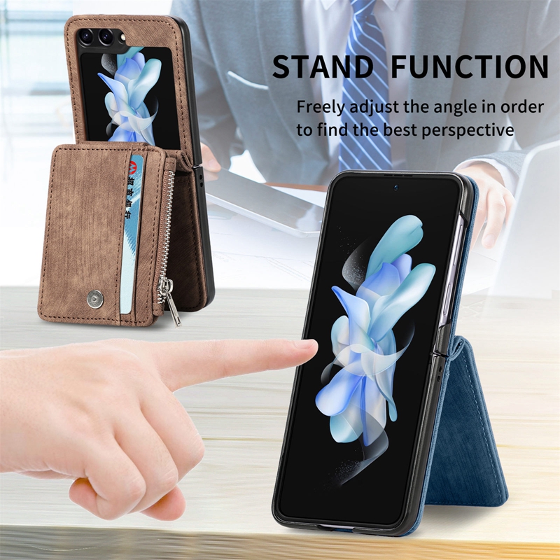 ZFlip5 Leather Folding Cases For Samsung Galaxy Z Flip 5 4 3 2 1 Flip5 Flip4 Credit ID Cash Card Pocket Business Fashion Flip Hard PC Plastic Holder Phone Cover PU Pouch