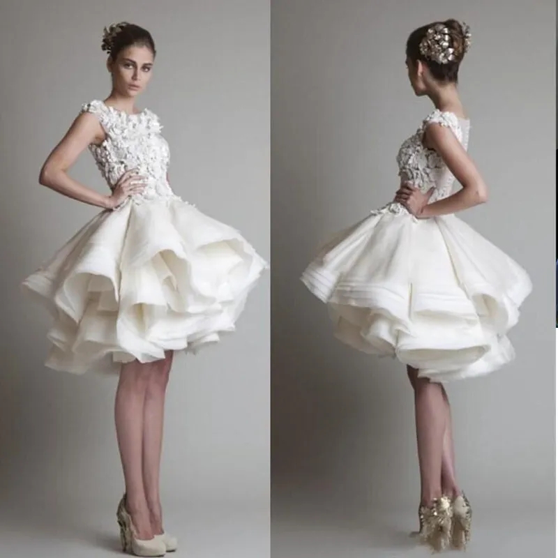 Krikor Jabotian Korte Kanten Trouwjurken 2023 Bateau Kapmouwtjes Ruglooze Knielengte A lijn Organza Strand Bruids Bowns