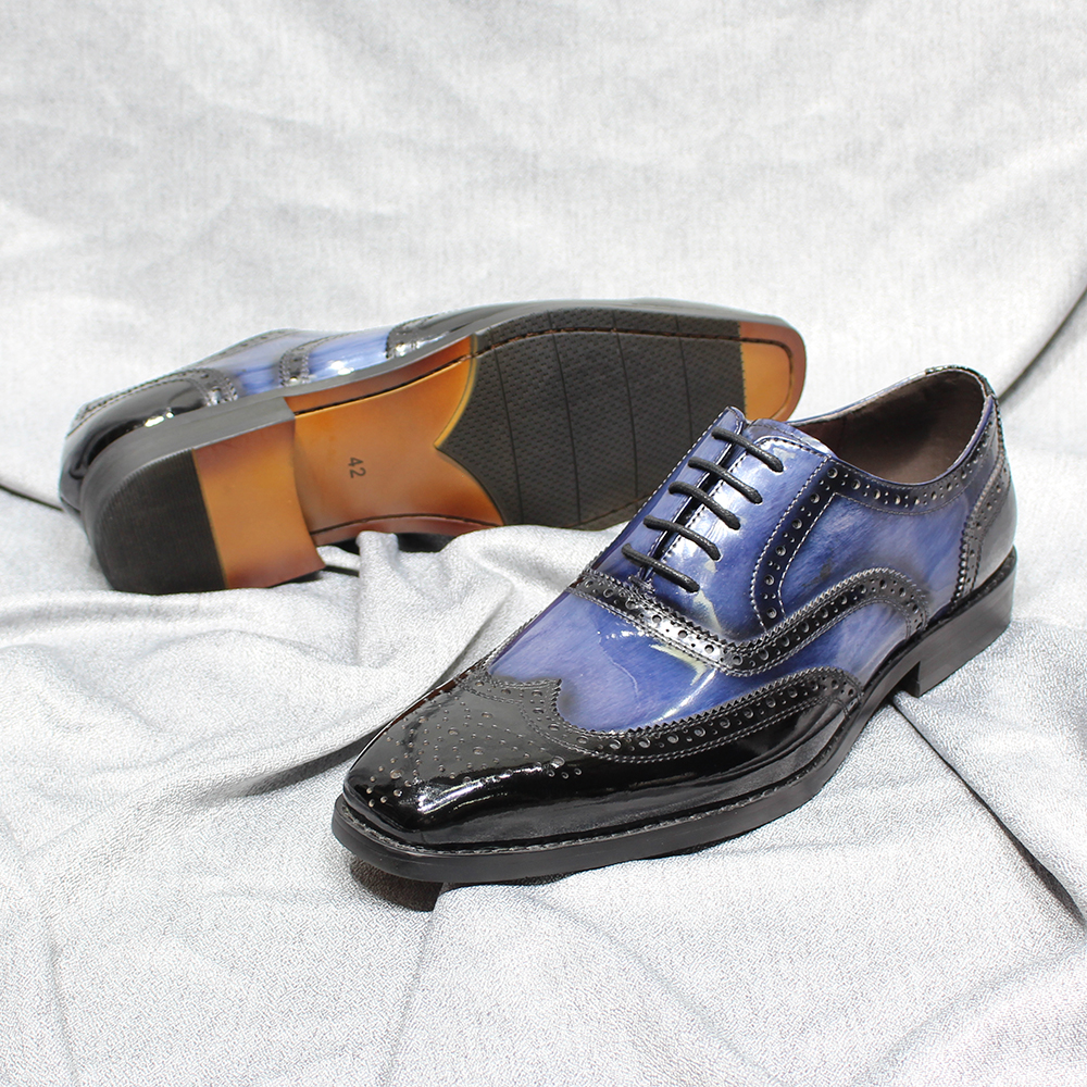 Oxfords da uomo in pelle verniciata di mucca, scarpe formali con punta alari, scarpe classiche da uomo fatte a mano con lacci, da ufficio, feste di nozze