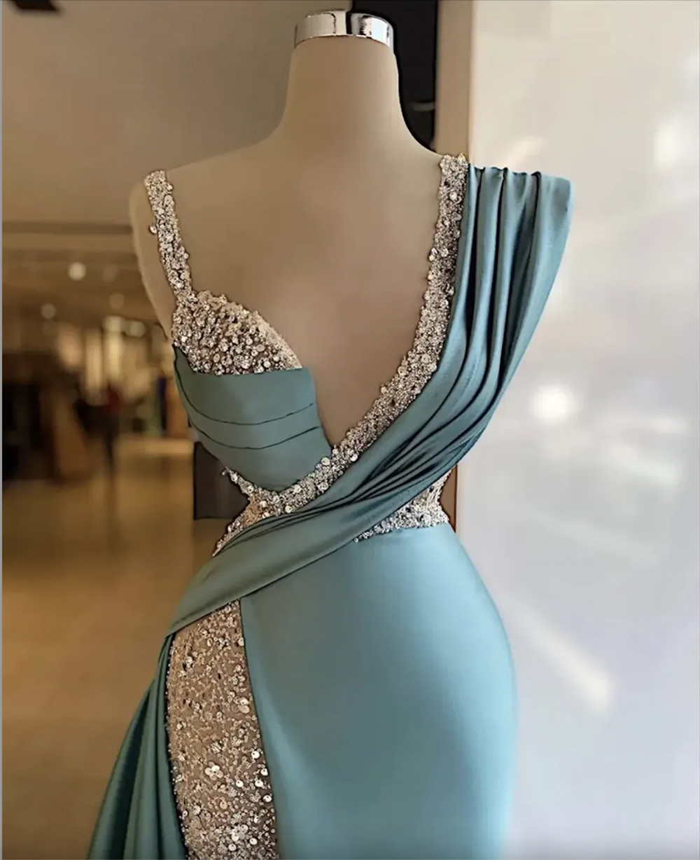 New Sexy Evening Dresses Formal Prom Party Gown Mermaid V-Neck Floor-Length Sweep Train Beaded Crystal long Backless Split Custom