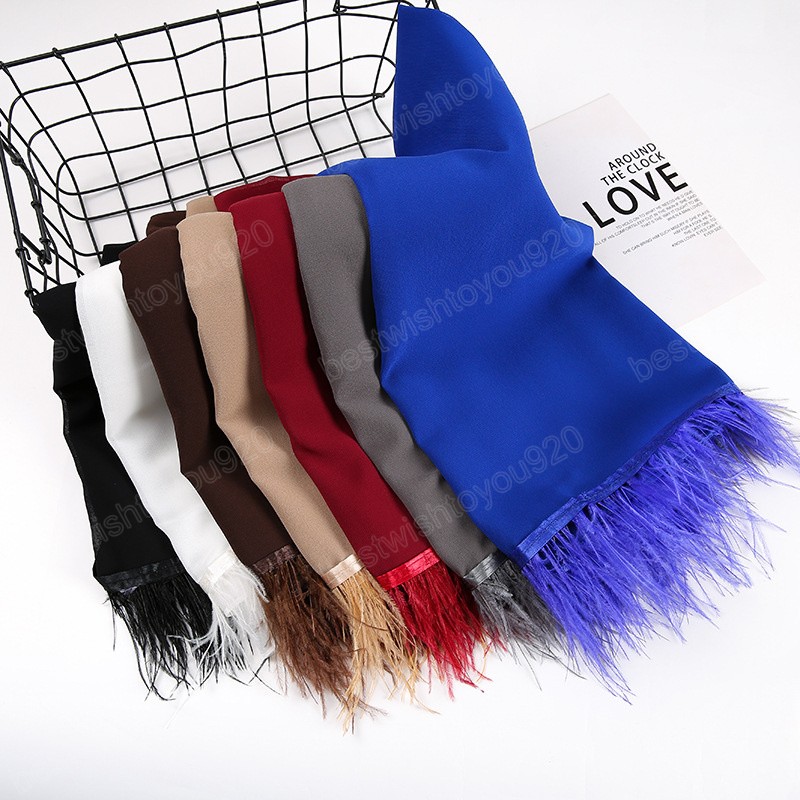 Fashion Solid Color Stylish Ostrich Hair Tassel Instant Chiffon Hijab Scarf For Women Bubble Headscarf 175*70cm