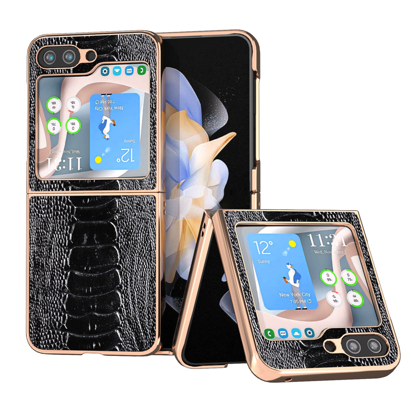 Luxuriöse Vogue-Handyhülle aus echtem Leder für Samsung Galaxy Folding Z Flip5 Flip3 Flip4 5G, langlebig, vollständig schützend, weiche Stoßstange, Straußenmuster-Beschichtung, Faltschale