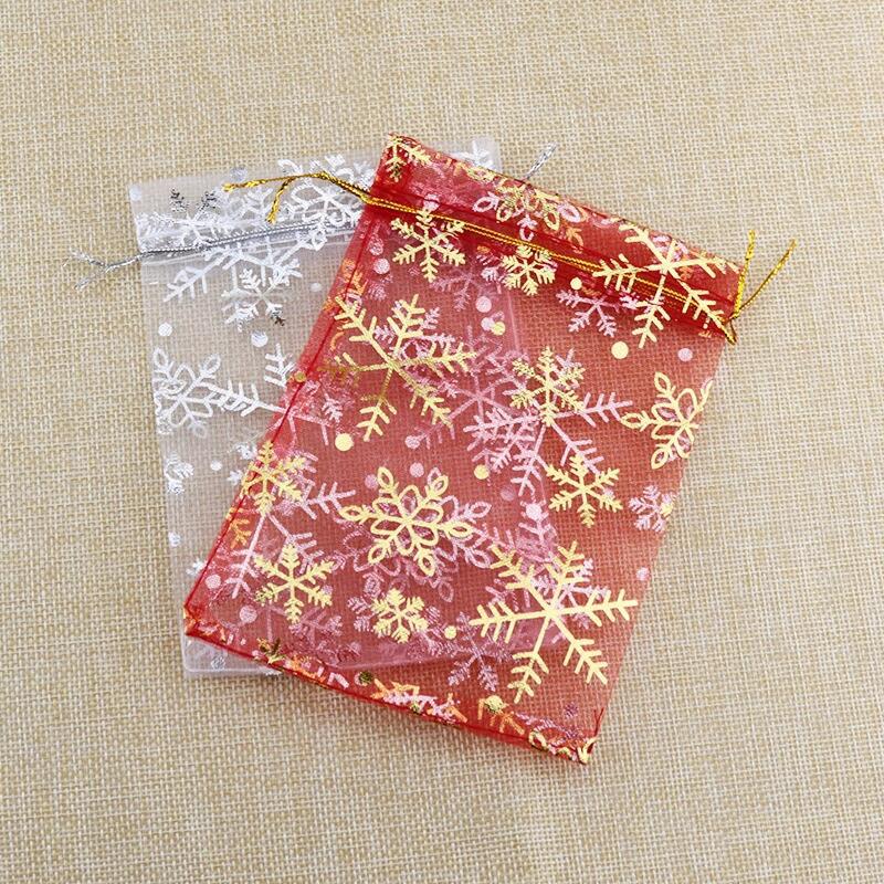 100 st 20*30 cm snöflinga Organza Drawstring Presentväskor Julstrån Väskor Xmas Organza Wrapping Bag For Party Favors Supplies