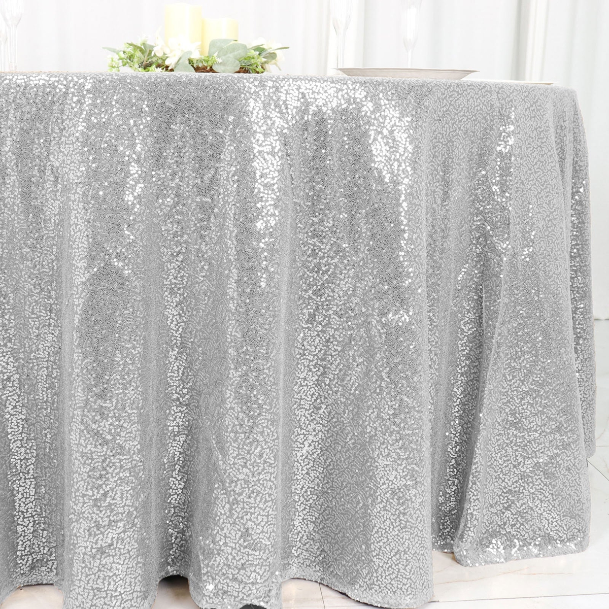 Nappe ronde à sequins de qualité supérieure sans couture argentée de 120 po 889