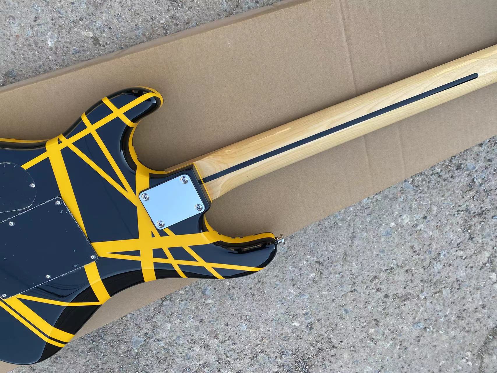 Yellow Stripe Black Electric Guitar Banana Headstock, professional bar Floyd Rose Tremolo Bridge, Locking Nut, 6 string Mahogany,maple neck Factory Custom