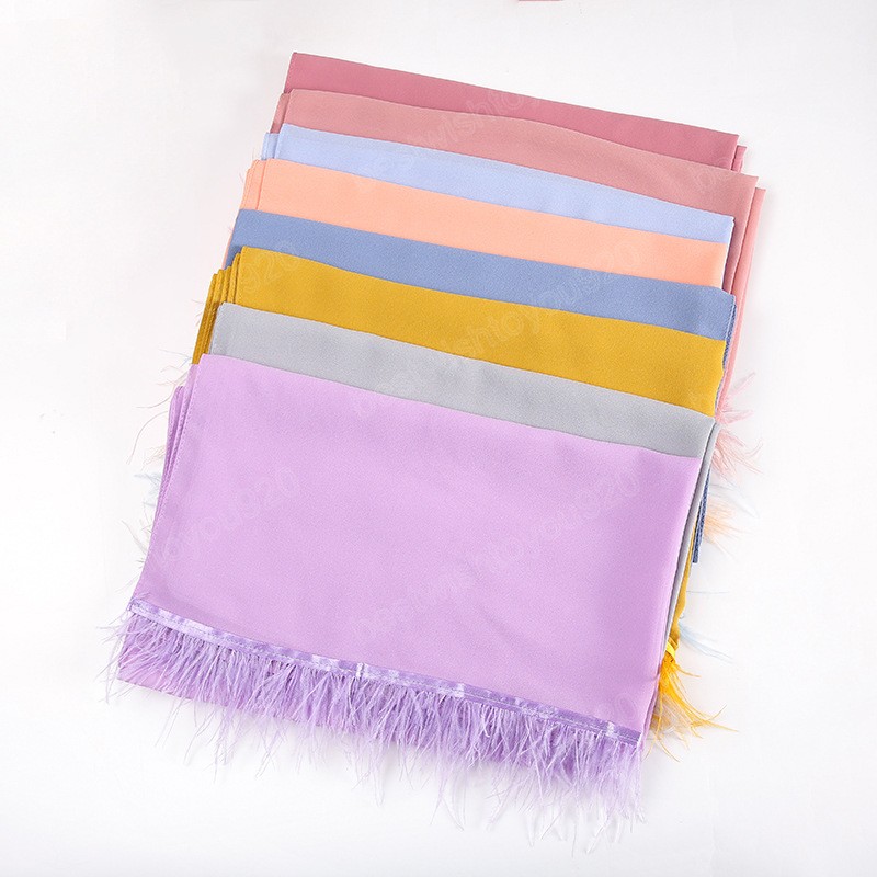 Fashion Solid Color Stylish Ostrich Hair Tassel Instant Chiffon Hijab Scarf For Women Bubble Headscarf 175*70cm