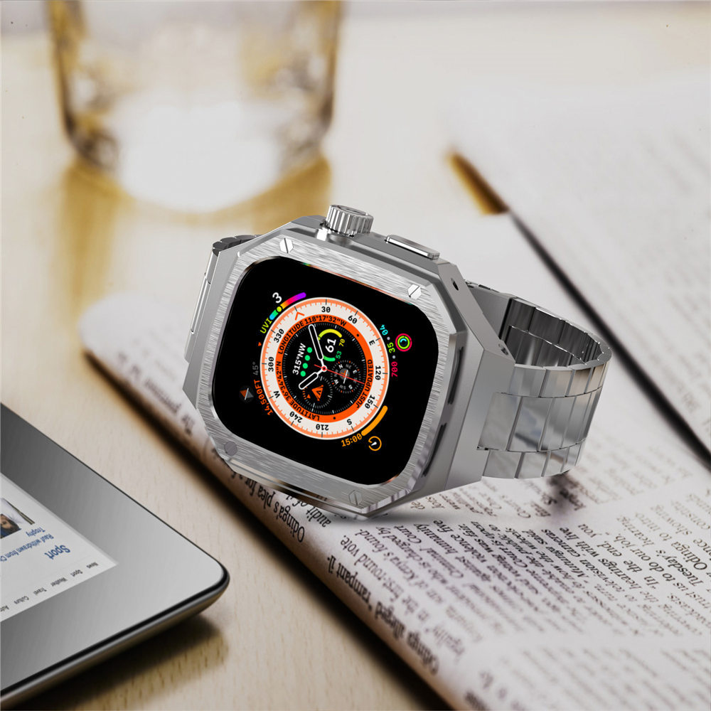 Apple Watch Ultra 49mm Paslanmaz Çelik Bant Kayışı Cam Film Kapağı İçin AP Mod Kit Metal Kılıfı