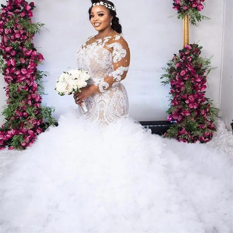 South African Plus Size Wedding Dresses Lace Applique Court Train Mermaid lace-up Bridal Gowns Long Sleeve Robe De Mariee