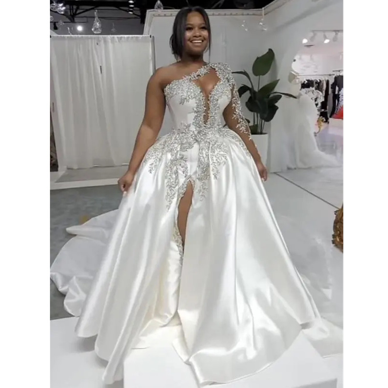 Plus Size Arabic Aso Ebi Luxurious Beaded Crystals Wedding Dress Lace Mermaid Satin Bridal Gowns Dresses 2023