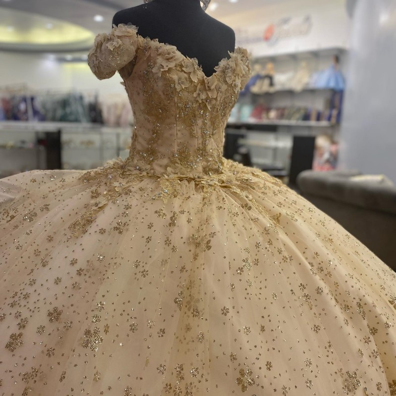 Champagne glänsande quinceanera klänningar bollklänning pärlspets 3dflower off axel söt 16 klädfest klänning vestidos de 15 anos