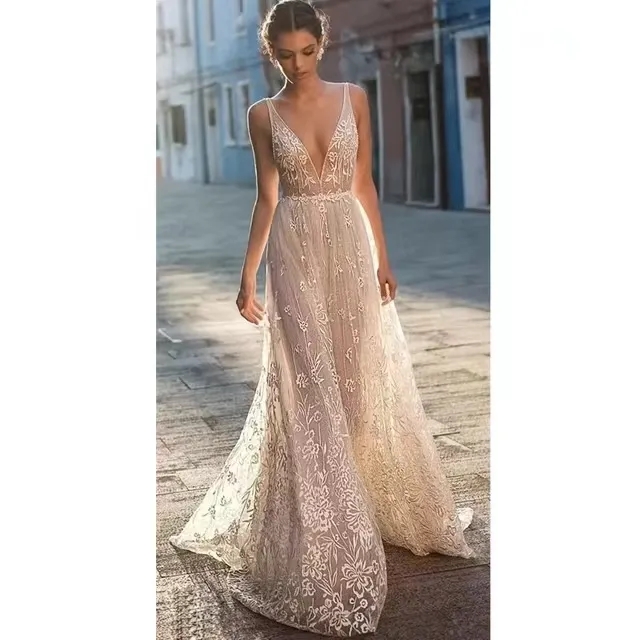 Floral Lace A Line Boho Wedding Dresses Bridal Gowns Sexy Bohemia Deep V Neck Lace Appliques Backless Tulle Floor Length