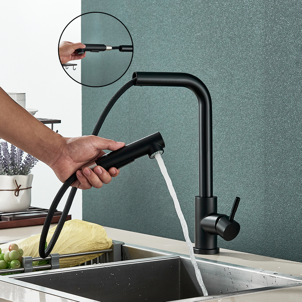 Svart Pull Out Kitchen Sink Faucet Två Model Stream Sprayer Munstycke Rostfritt stål Hot Cold Wate Mixer Tap Deck